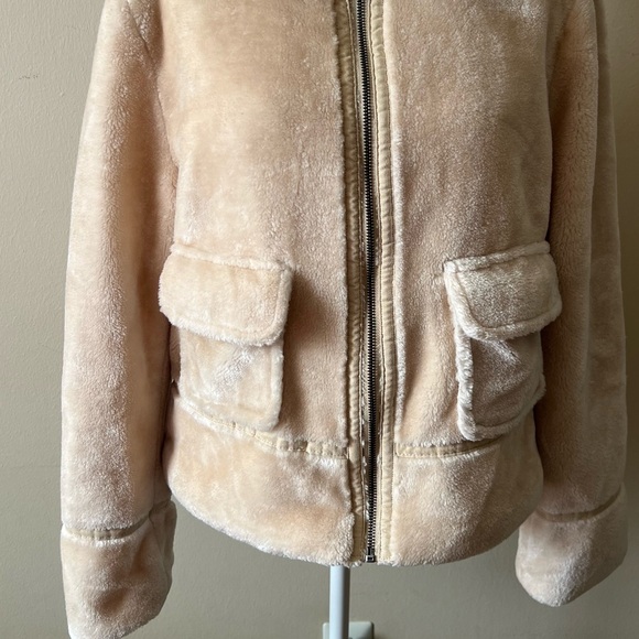 CALI 1850 Light Tan Sherpa Fleece Collar Neckline Zip Up Teddy Jacket-Size M - Picture 3 of 13